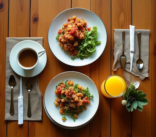 An overhead shot of a table with two lunch plates, coffee, and juice.