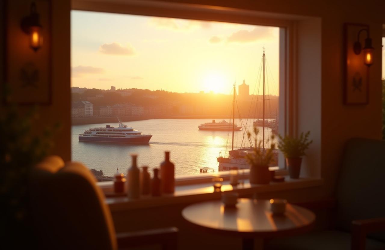 A cozy view from inside Tide & Thyme Cafe looking out onto Bristol Harbour at sunrise.