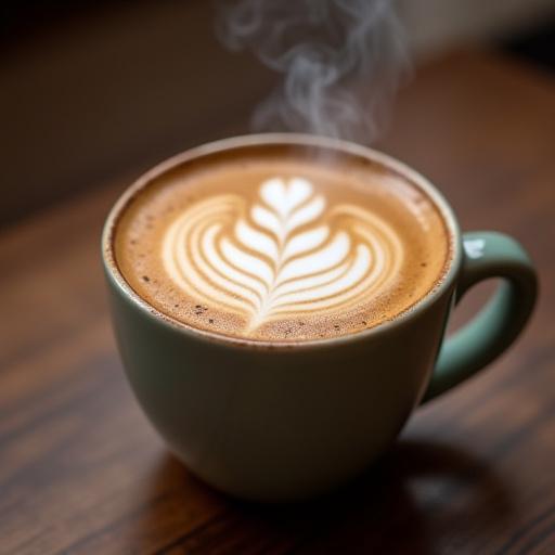 A beautifully prepared latte with intricate art in a ceramic mug.