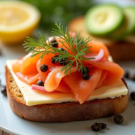 A delicious open-faced smoked salmon sandwich garnished with fresh dill.