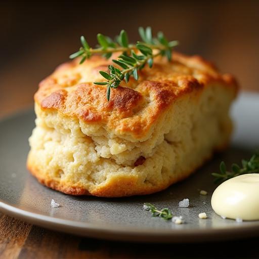 A close-up of a golden-brown savory scone on a rustic plate.